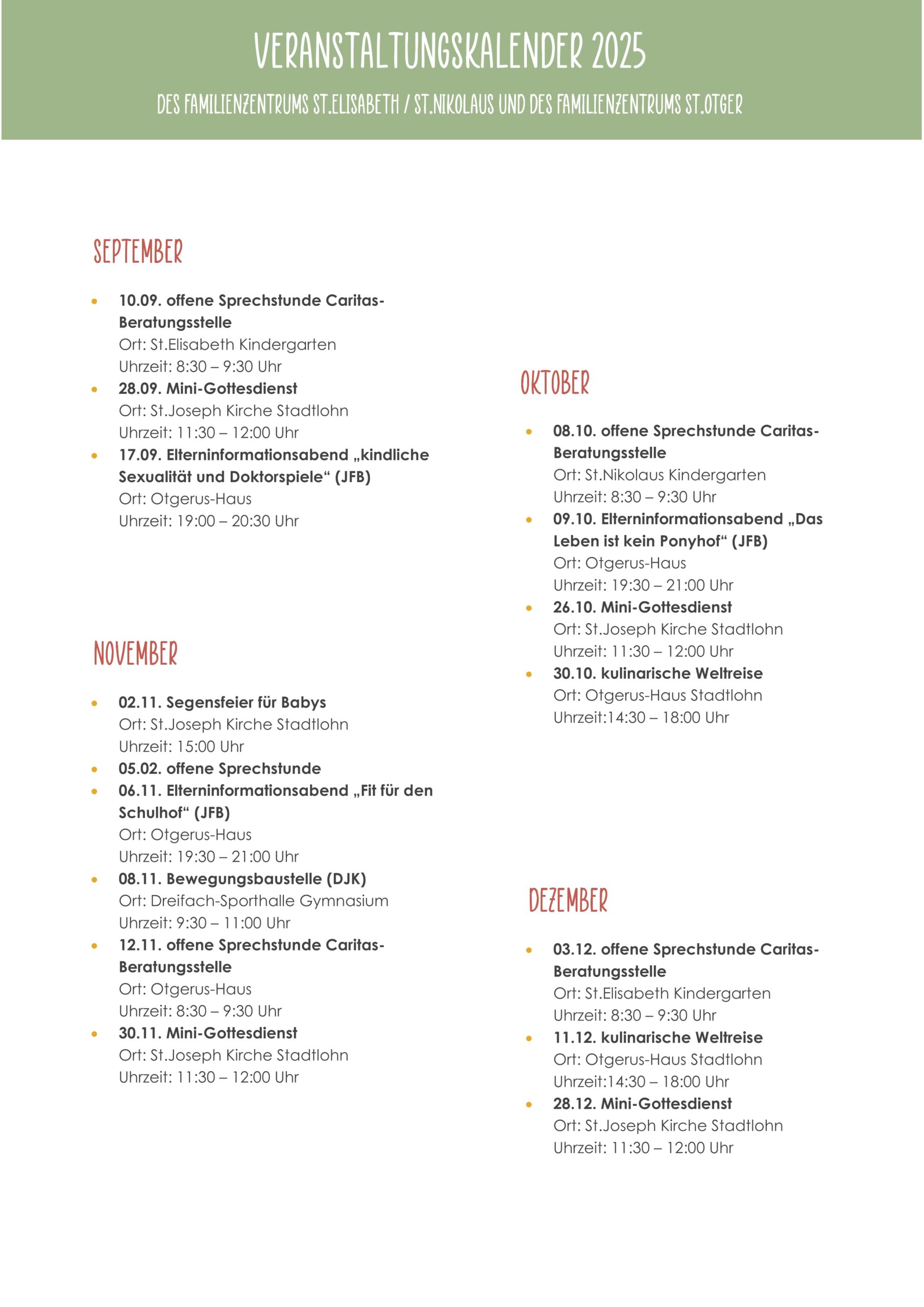 Veranstaltungskalender 2025 Familienzentren